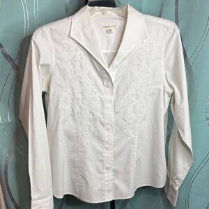 Coldwater Creek White Button Down Shirt with Embroidery